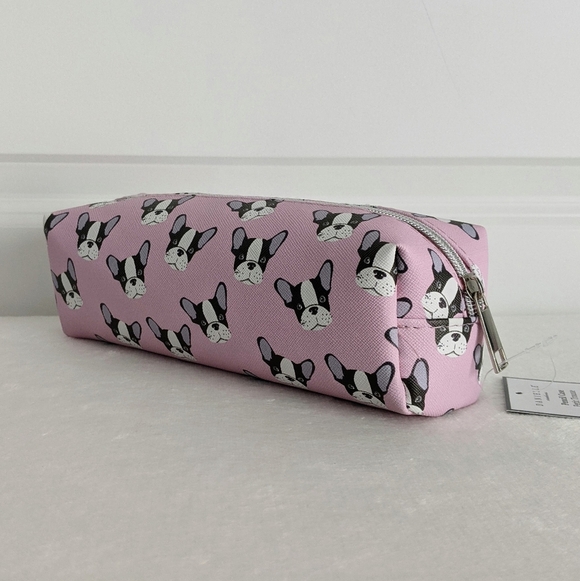 Boston Terrier Frenchie Small Cosmetic Pencil Case PVC Saffiano Pink NWT - Picture 5 of 14